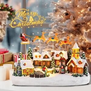2025 ANIMATED MUSICAL LED CHRISTMAS VILLAGE TOWN SANTA FLYING WITH REINDEER